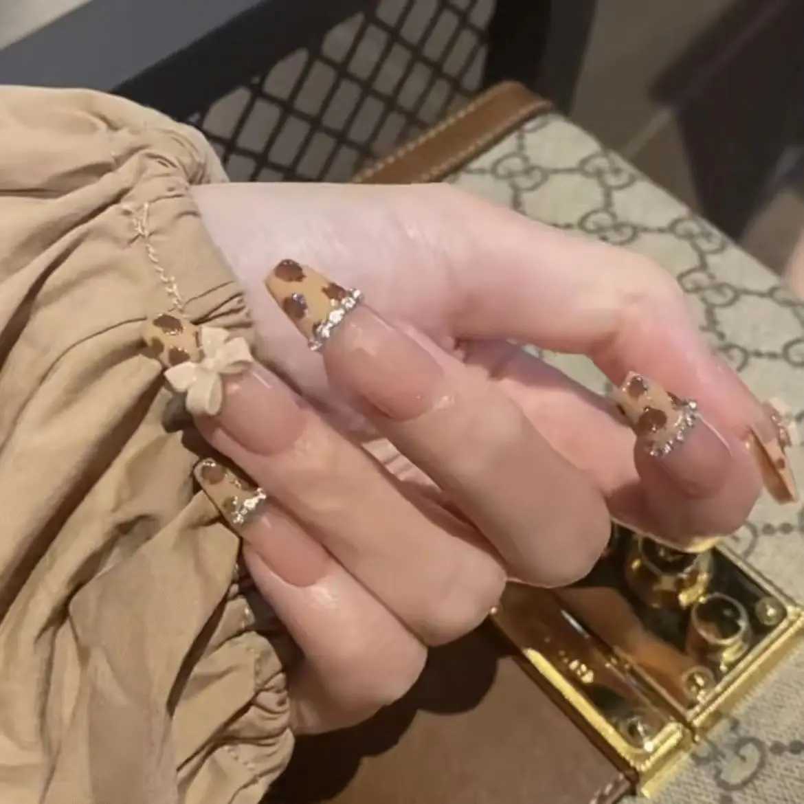 10Pcs Handmade Advanced Leopard French Press On Nail With Bowknot Ballerina Wearable Fake Nail Artificial Nail ArtXJ241025