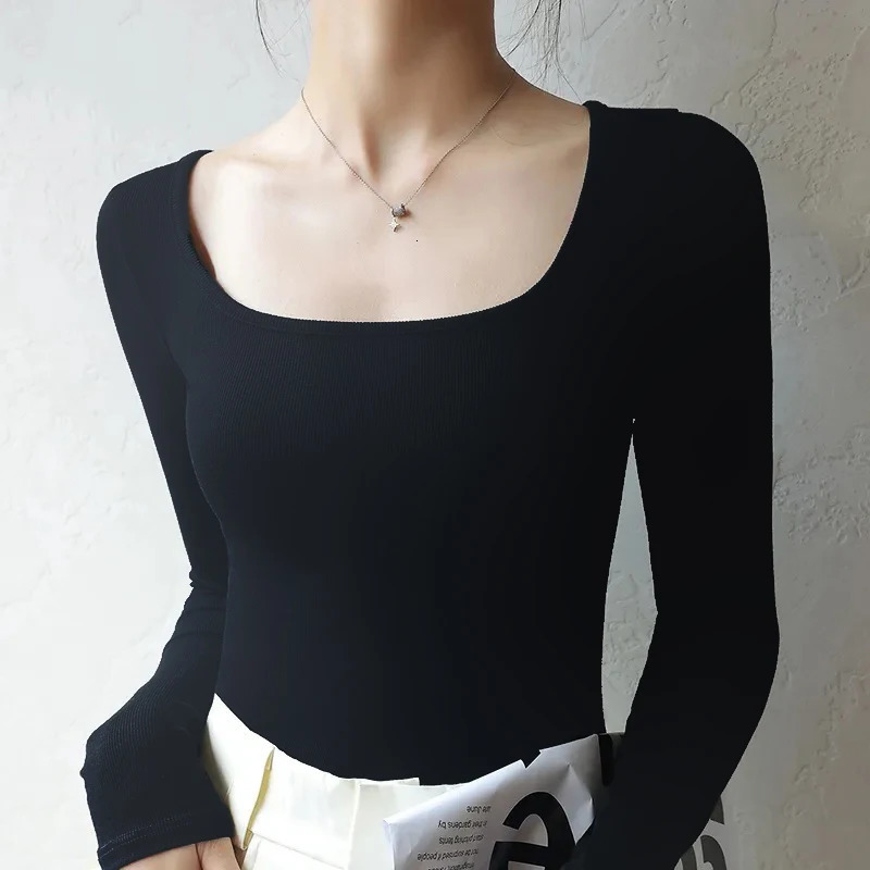 U Neck Long Sleeve Shirt Women Warm Fleece Sexy Cropped Tops Autumn Winter Black Casual Skinny Slim Basic T Shirt Woman 241024