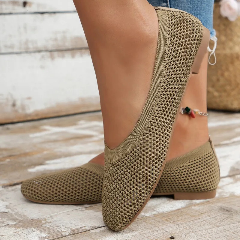 Womens Square Head Flat Shoes Solid Color Knitted Shoes Casual Breathable Ballet Flat Shoes Womens Sports Shoes Zapatos De Mujer 241024