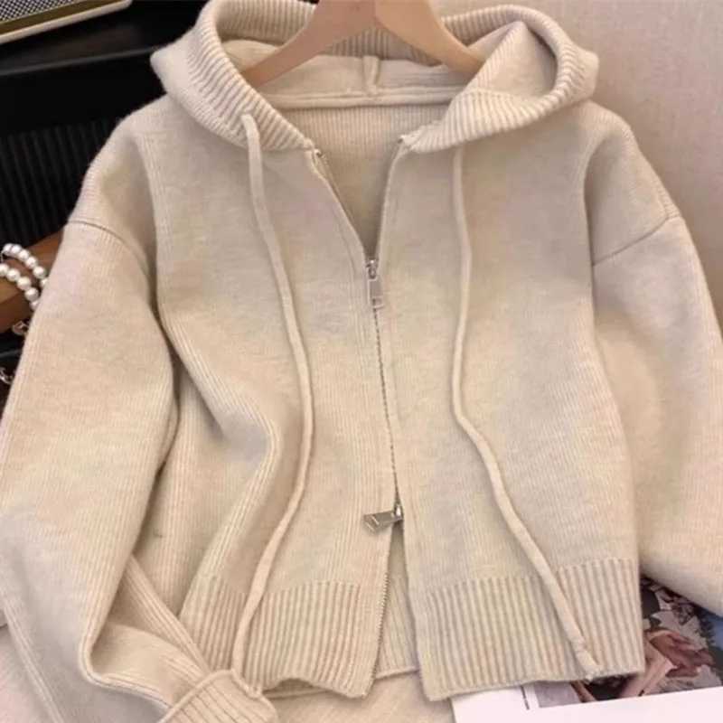 Spring and Autumn womens hooded sweater cardigan top 2024 womens loose zipper knitted jacket womens fashionable long sleeved jacket W241024