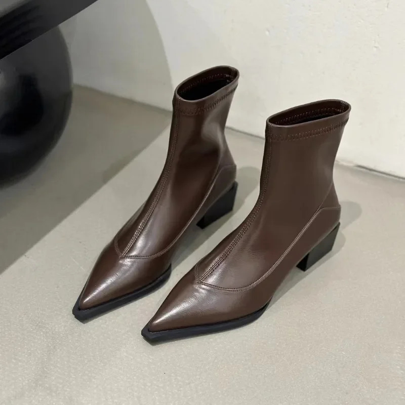 High Quality Ankle Autumn Style Modern Boots Elegant Solid Slip on Womens Sexy Point Middle Heel Street Punk Shoes 241024