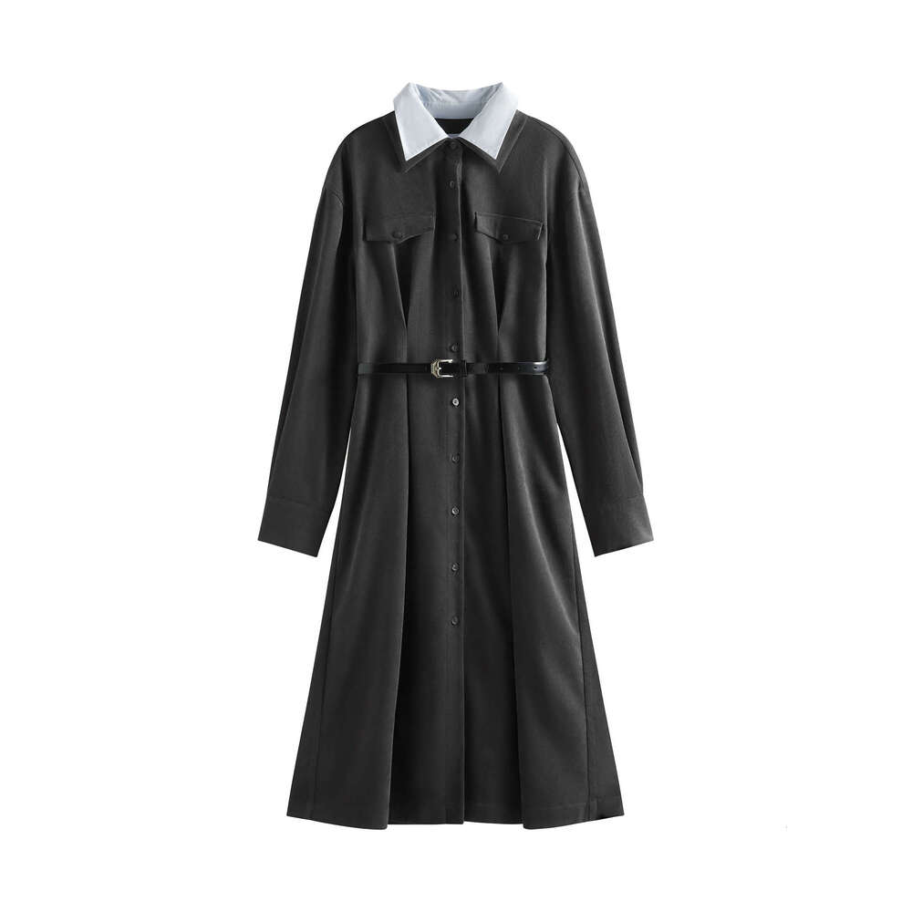 FSLE Women Winter Dress Fake Two Piece Patchwork Design Female Thicken Long Sleeve Dresses With Sashes 24Fs14613