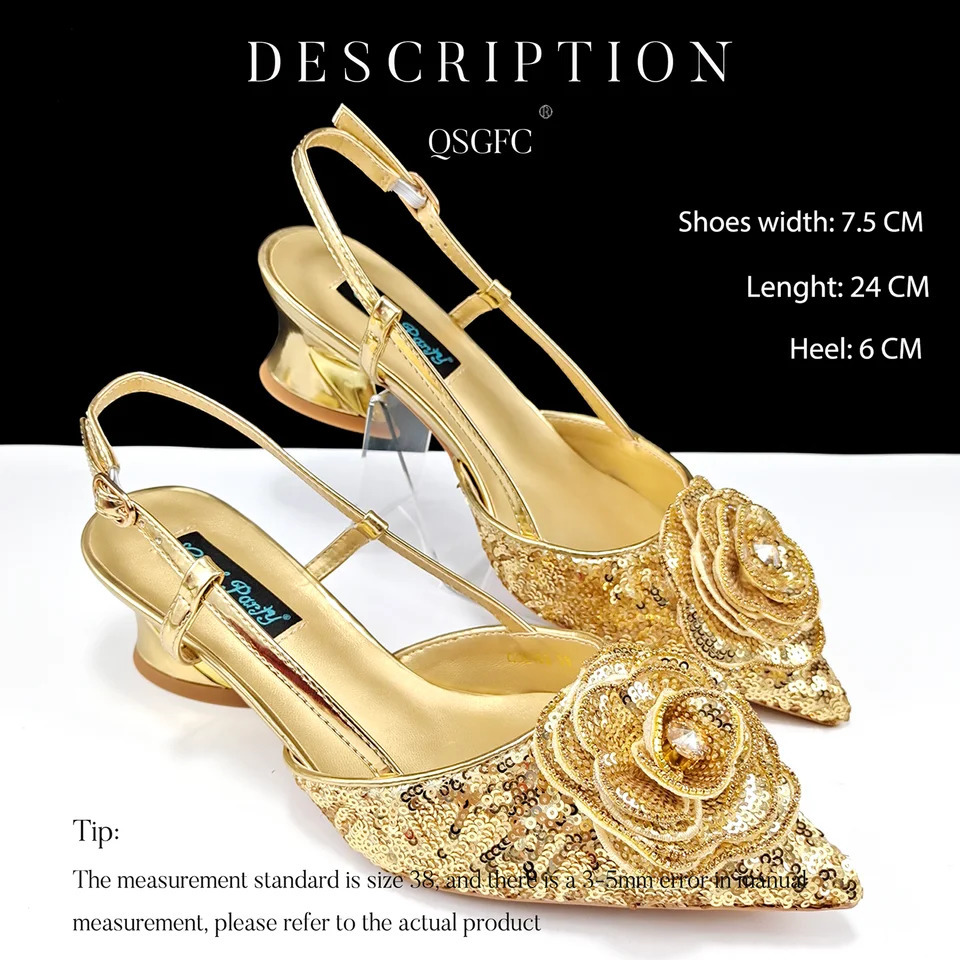 QSGFC Shiny Gold Shoes and Bags Elegant Handbags and High Heels Beautiful Handmade Flower Wedding Party 241024