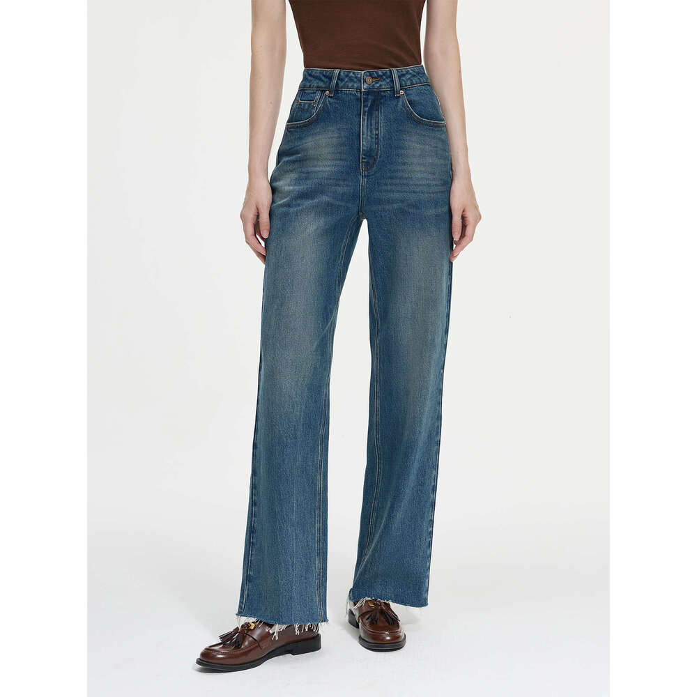 FSLE Office Lady Retro Fringed Mid Rise Straight Leg Mop Jeans 2024 Winter New Versatile Women Casual Loose Pants 24Fs14298