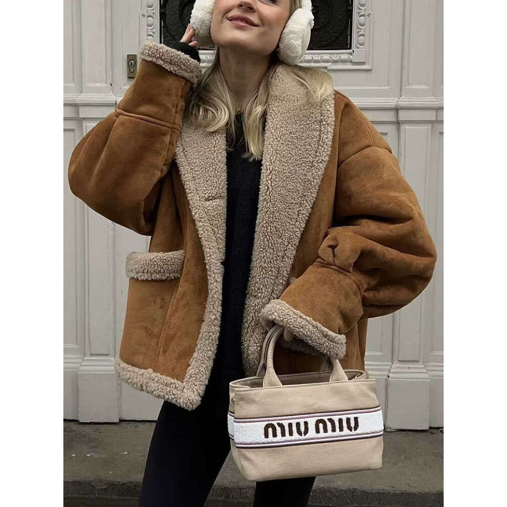 Woman Vintage Jacket Fleece Pocket Casual Long Sleeve Coat 2024 Ladies Autumn Warm Thicken High Street Elegant Outwear Chic