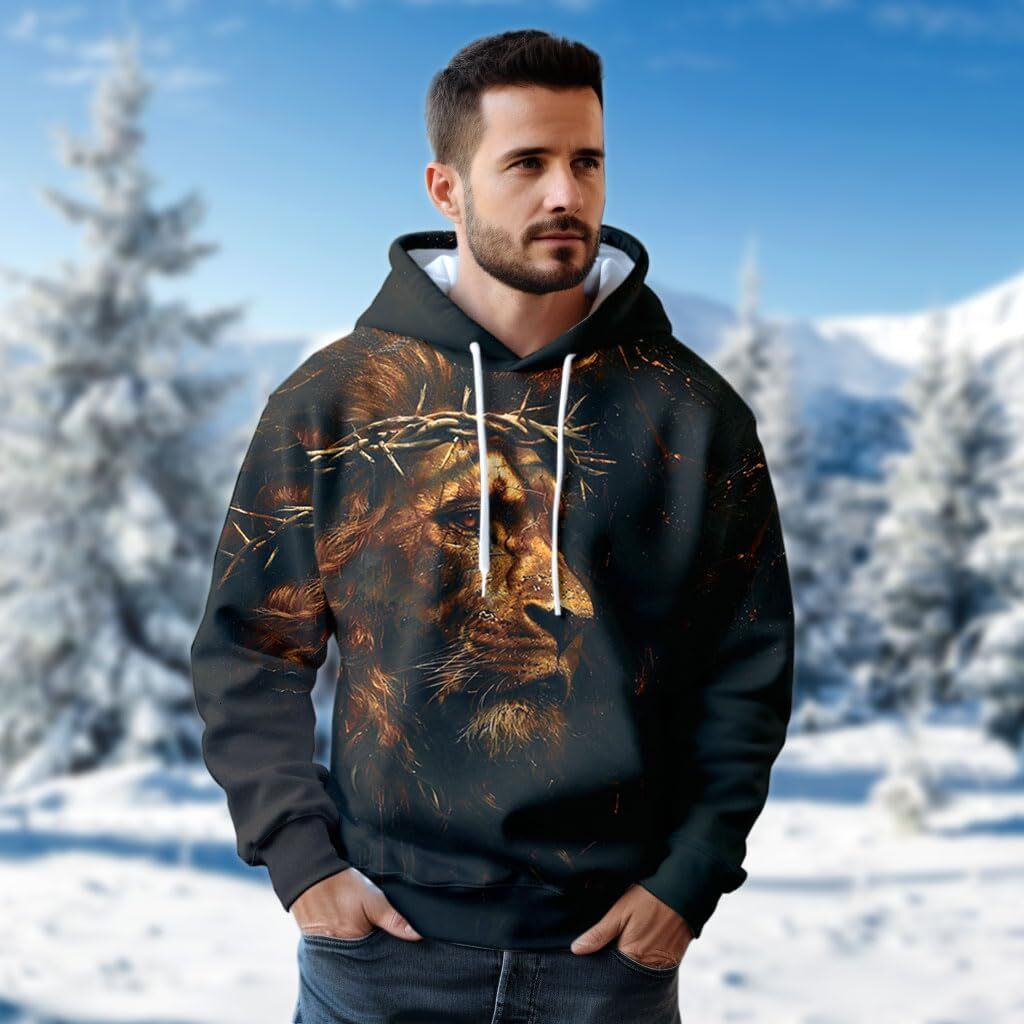 Hoodie for Mens Womens Mighty Lion Mens Fleece Hooded Sweatshirt 3D Lion Lovers Printed Pullover Hoodie Men Make-believe Hoodies sweatshirt Pullover L