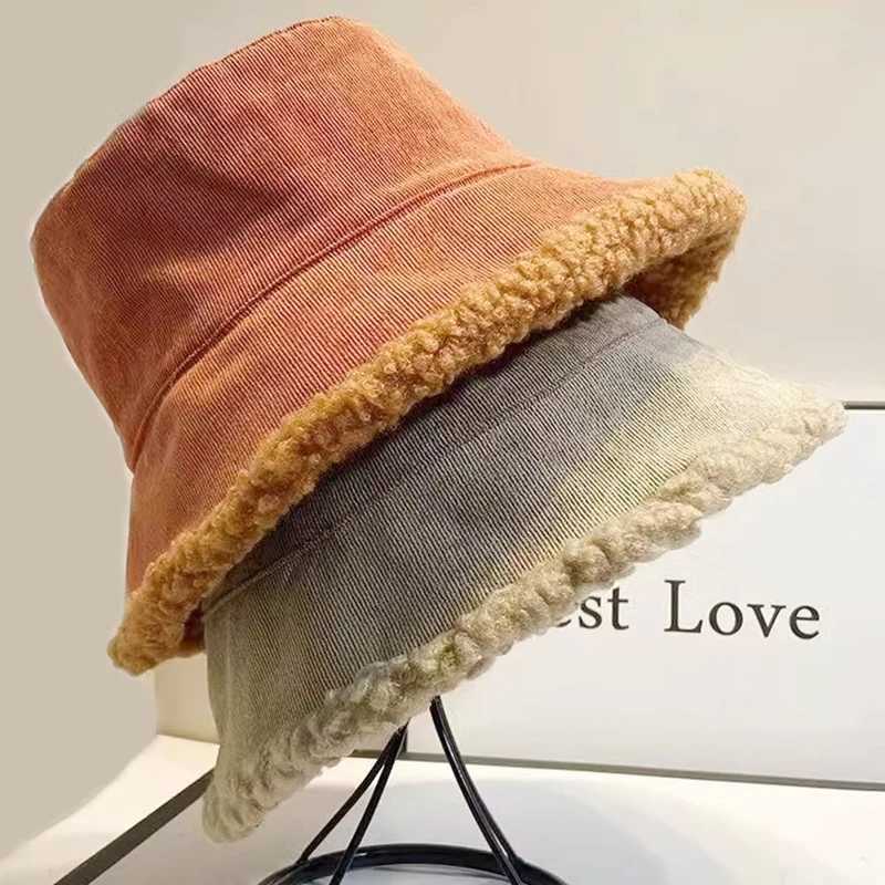 Outdoor Double Side Faux Fur Bucket Hat Women Winter Warm Lamb Wool Fleece Cap Corduroy Fisherman Cap Hats Sunscreen Panama CapsX241025