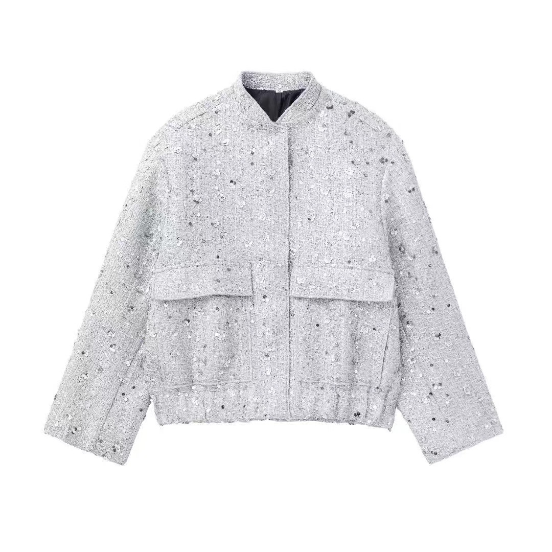 Women's Jackets Women Fashion Glitter Long Sleeve Jacket Casual Single Breasted Buckle O Neck With Pocket Coat 2024 Lady Commuting Outerwear