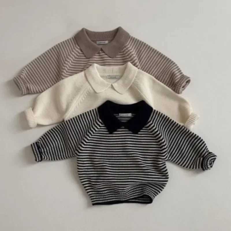 Childrens striped sweater autumn lapel pullover sweater boys and girls cotton loose top baby soft knit dress W241025