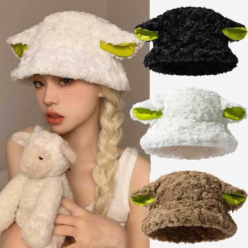 FLuffy Lamb Ear Bucket Hat Cute Sheep Ears Faux Fur Plush Beanies Winter Soft Warm Caps Women Outdoor Warm Panama Fisherman HatsX241025
