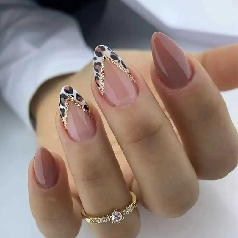 24Pcs Peach Blossom Fake Nails Press on Almond False Nails Removable Full Cover Nail Tips Wearable Finished Fingernails Nail ArtXJ250110