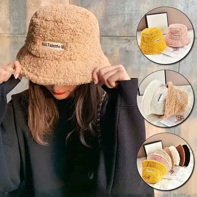 Thicken Wool Faux Fur Bucket Hat Plush Warm Fisherman Hat Outdoor Windproof Panama Bowl Hats Street Cold -proof Cap Women HatsX241025