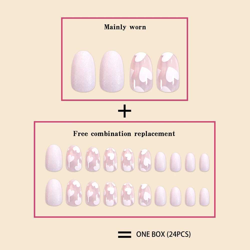 24Pc Short Oval Milky White Small Heart Glitter Powder Full Coverage Wearable Girls Women Nail Art Fake Nails SetXJ241025