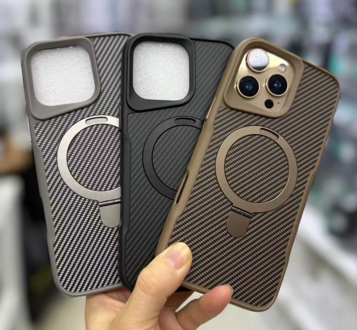 Luxury Magnetic Carbon Fiber Pattern Soft Rubber Frame Metal Stand Phone Case For iPhone 16 15 14 13 12 Pro Max Carbon Fiber Textured Backplate Magsafe Magnetic Case
