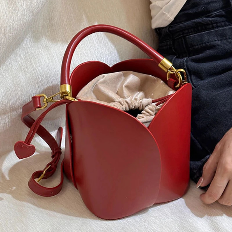 Red Bride Petal Bucket Bag Women Handbag Vegetable Basket Crossbody Single Shoulder 241021