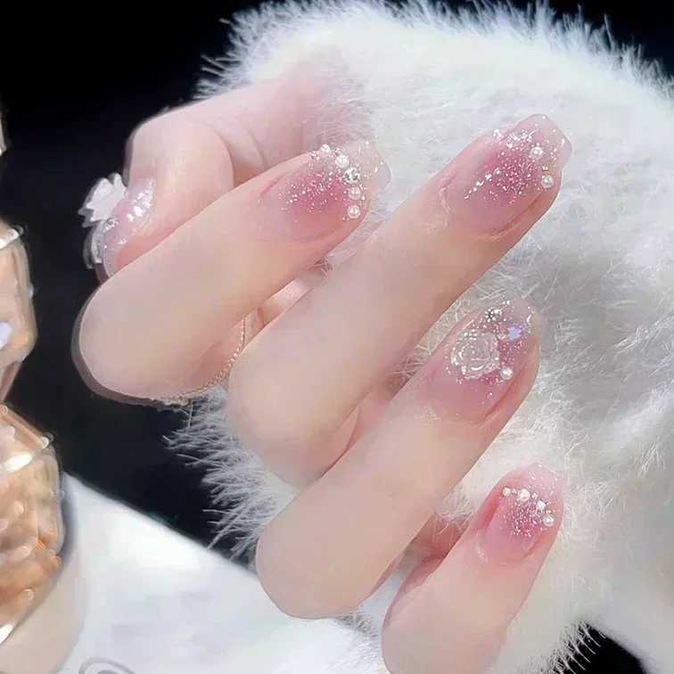 24Pcs Glitter Diamond Press On Nails Blush Pink Cat Eye Fake Nails Sweet Cute Coffin Full Cover Short Square False Nail Tips ArtXJ241025