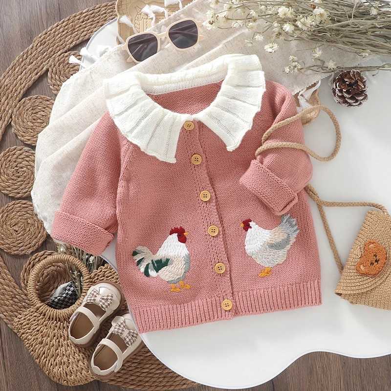 Womens knitted cardigan sweater rooster embroidery doll collar knitted jacket childrens autumn and winter clothing W241025