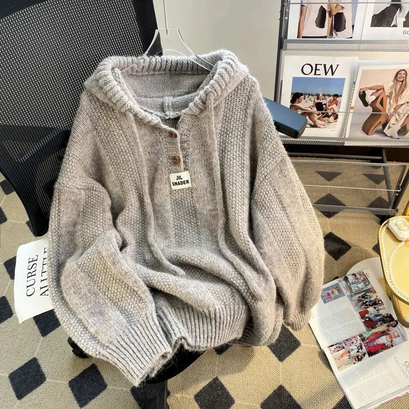Korean Knitted Hooded Sweater Women Fall Winter Long Sleeved Warm Buttons Loose Pullover Solid Harajuku Lazy Sprots Sweatshirt 241021