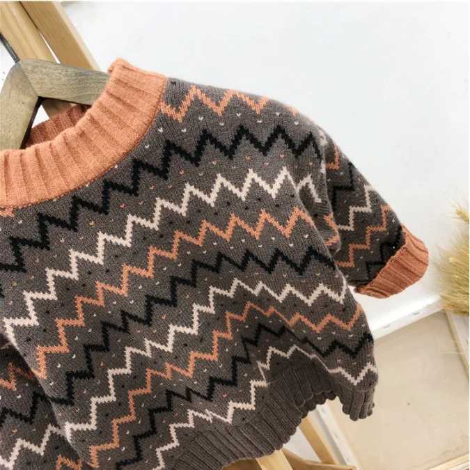 Autumn and Winter Baby Boy Sweater Cotton Wave Stripe Long Sleeve Baby Boy Pulling Rope Round Neck Velvet Preschool Boy Knitted W241025