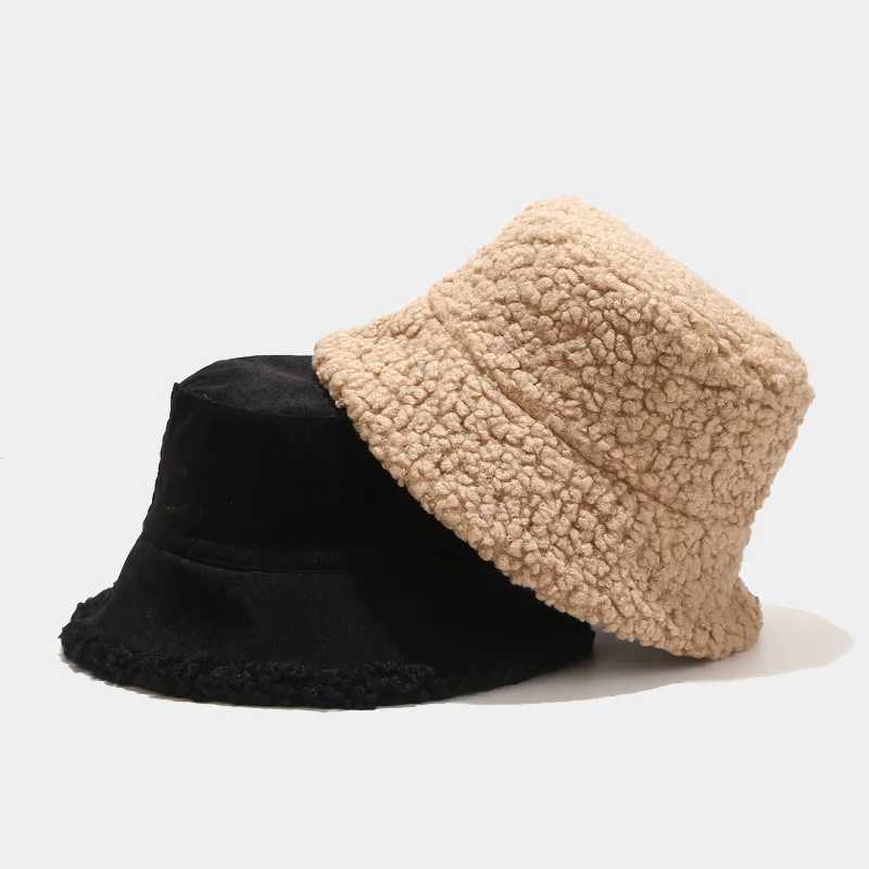Double-sided Unisex Harajuku Bucket Hat Thick Wool Warm Fisherman Hat Korean version Outdoor Bucket Hat Women Men Panama CapX241025