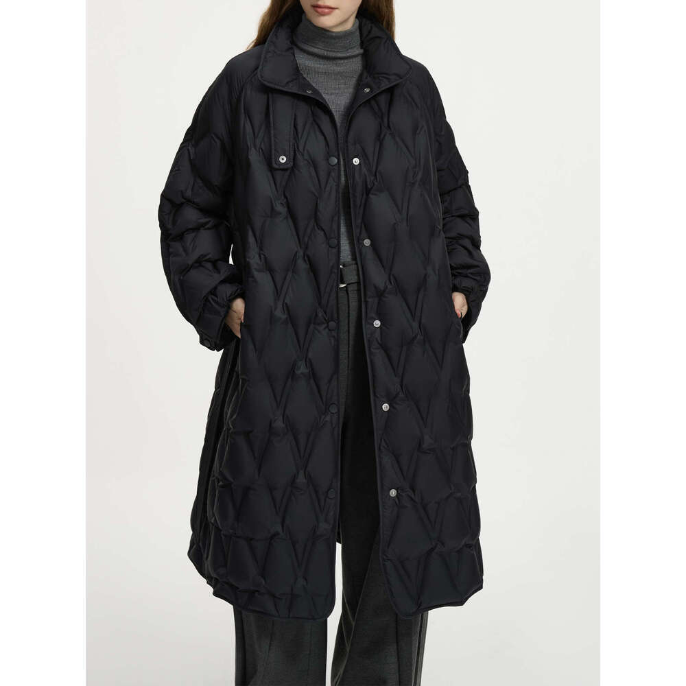 FSLE 190.6G Filg Amount Women Winter Long Jackets Stand Collar Lightweight Black Down Coat With Sashes 24Fs14461