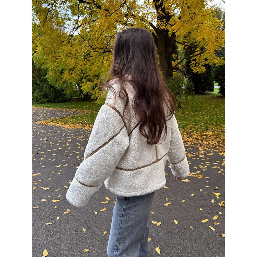 Women Adjustable Double Pockets Long Sleeve Plush Coats Fashion Patchwork Lapel Zipper Lamb Wool Jacket 2024 Winter Lady Outwear