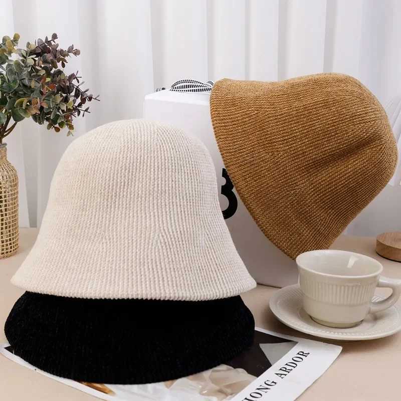 Knitted Fisherman Cap Autumn Winter Women Thicken Warm Cotton Panama Caps Casual Solid Color Foldable Bucket Hats Fashion GiftsX241025