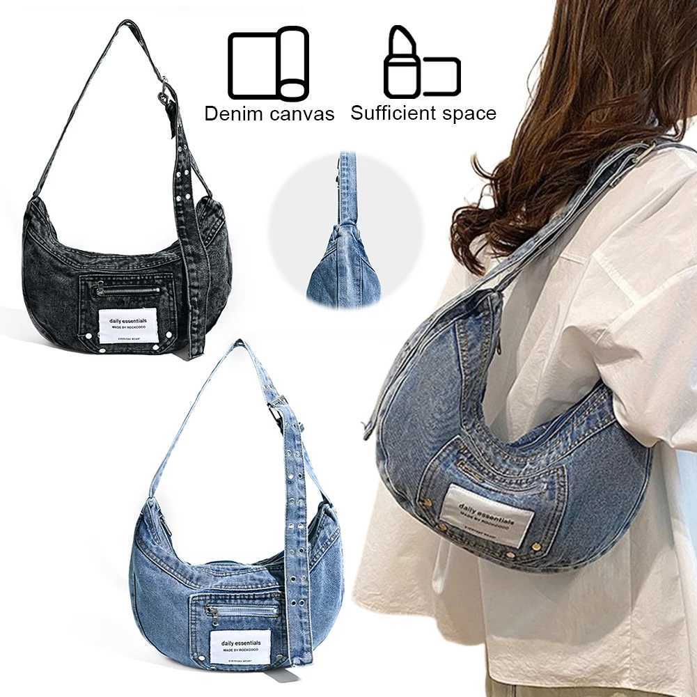 Denim Shoulder Bag Adjustable Strap Women Crescent Dual Pockets Messenger Zipper Travel Shopping Purse 241025