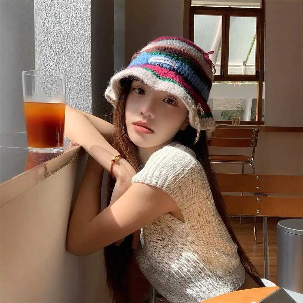 Fisherman Hat New Dopamine Sweet Cute Bow knit Hat Fresh Woven Handmade Straw Hat LadyX241025