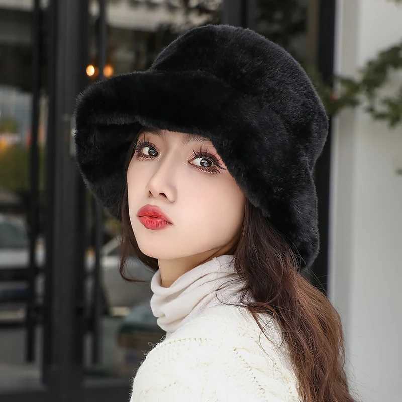 Hat Fluffy Faux Fur Bucket Women Cap Rabbit Fur Warm Thick Plush Winter Leopard Hat Lady Y2k Luxury Fashion Party Fisherman CapX241025