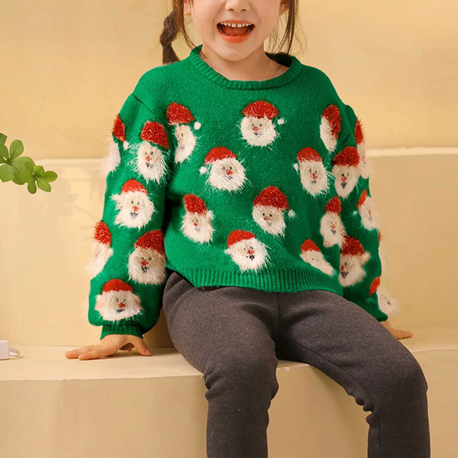 Childrens Christmas Knitted Sweater Cute Santa Claus Head Pattern Crewneck Pullover Sweater Childrens Winter Warm Wool Jumper Coat W241025