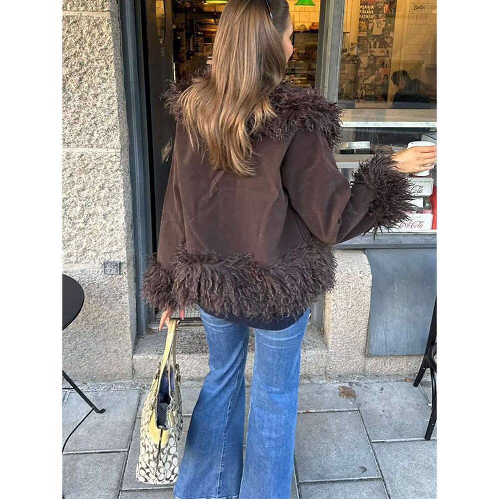 Fashion Brown Long Wool Full Sleeve Coats Warm Thickened Large Lapel Patchwork Short Jacket 2024 New Lady Winter Outwear