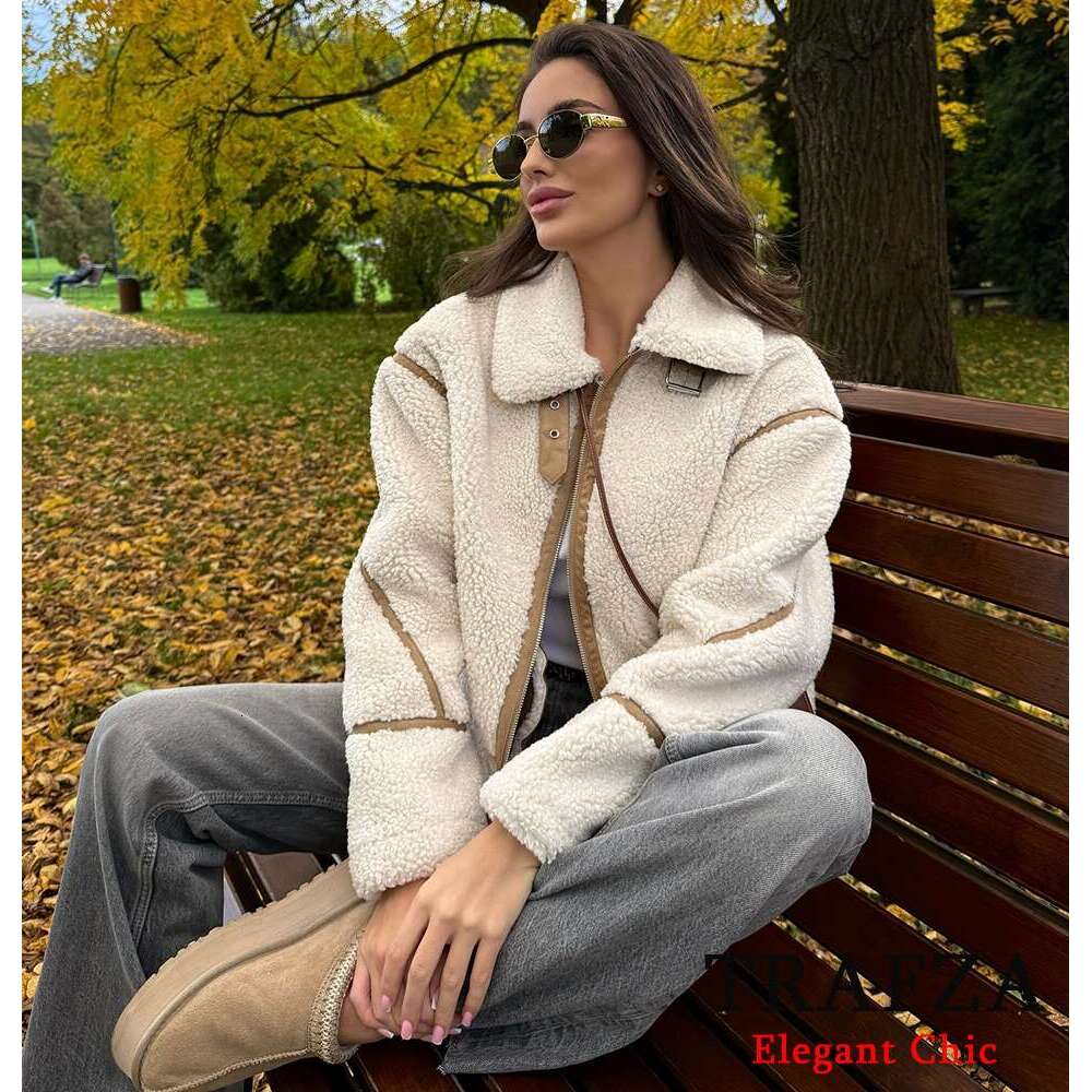 TRAFZA Women Fall Winter Jacket Lapel Contrasting Color Zipper Pocket New Fashion Casual Classic Fleece Coat