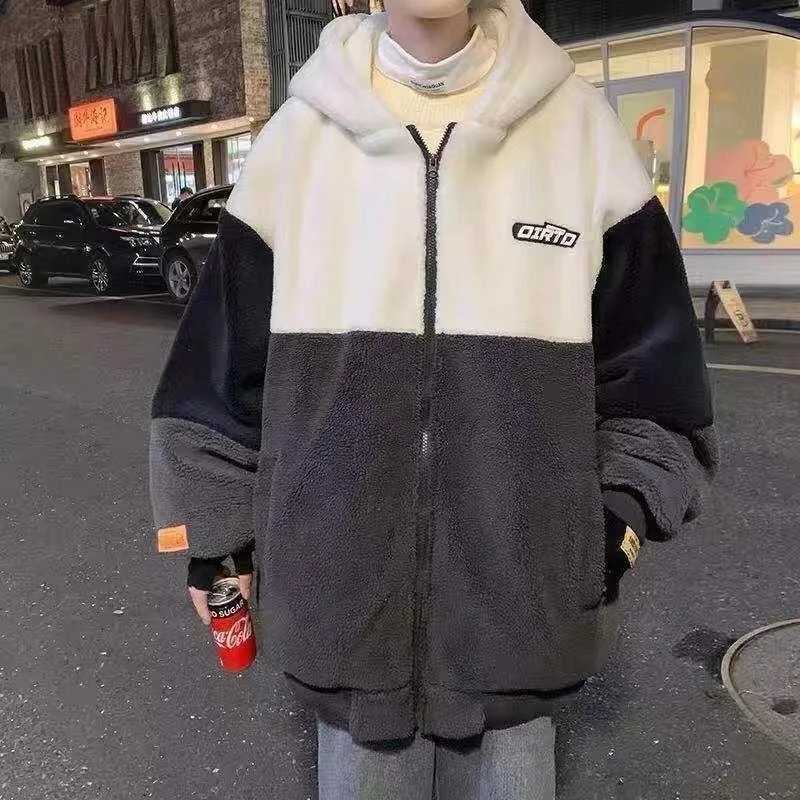 Y2K fashion Lambswool cotton padded jacket mens autumn and winter new hoodie lazy style Lambswool cotton padded jacket loose jacket W241024