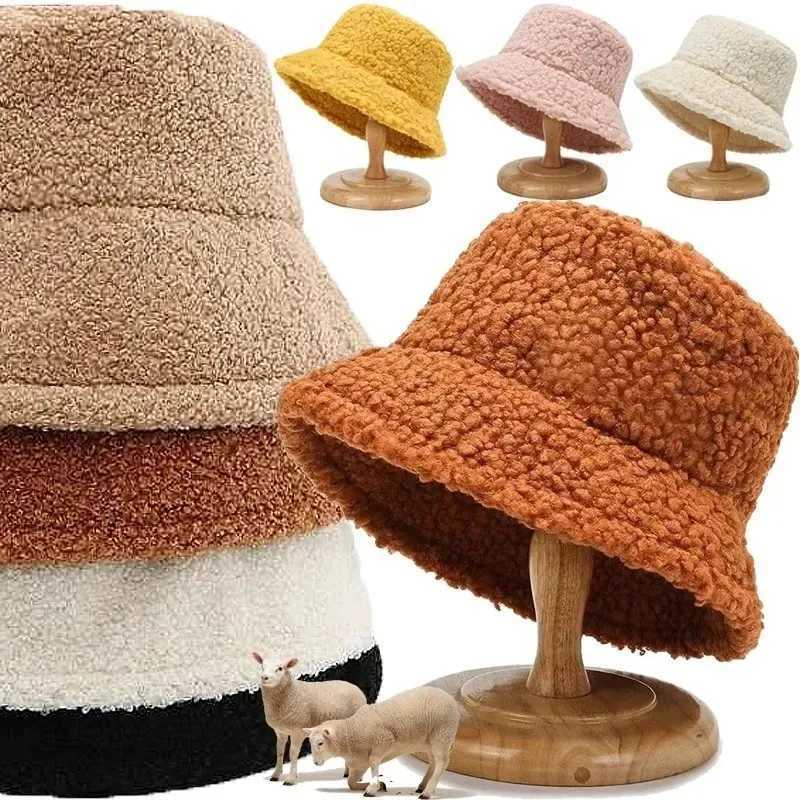 Lamb Faux Fur Bucket Hat Winter Warm Velvet Hats for Women Lady Thicken Bob Panama Outdoor Street Fisherman Hats Caps GirlsX241025