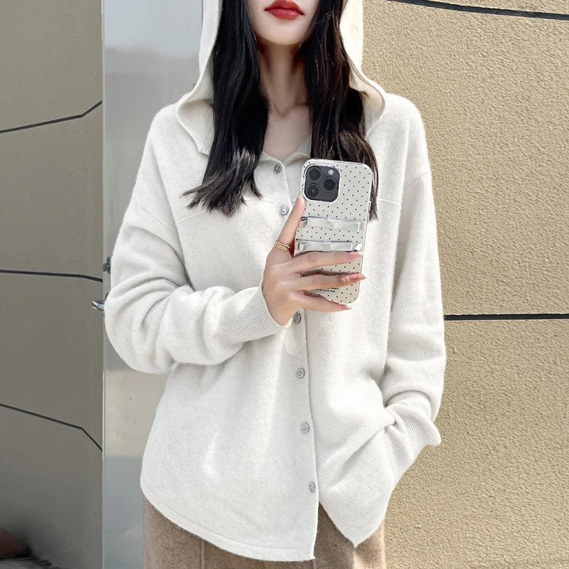 FallWinter 2024 womens cardigan 100% pure wool solid color hooded collar cashmere fashion loose plus size sweater coat 241024