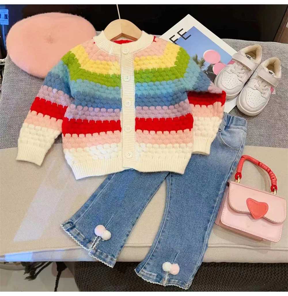 Rainbow striped knitted cardigan suitable for children girls autumn winter long sleeves single sweat jackets childrens clothing W241025