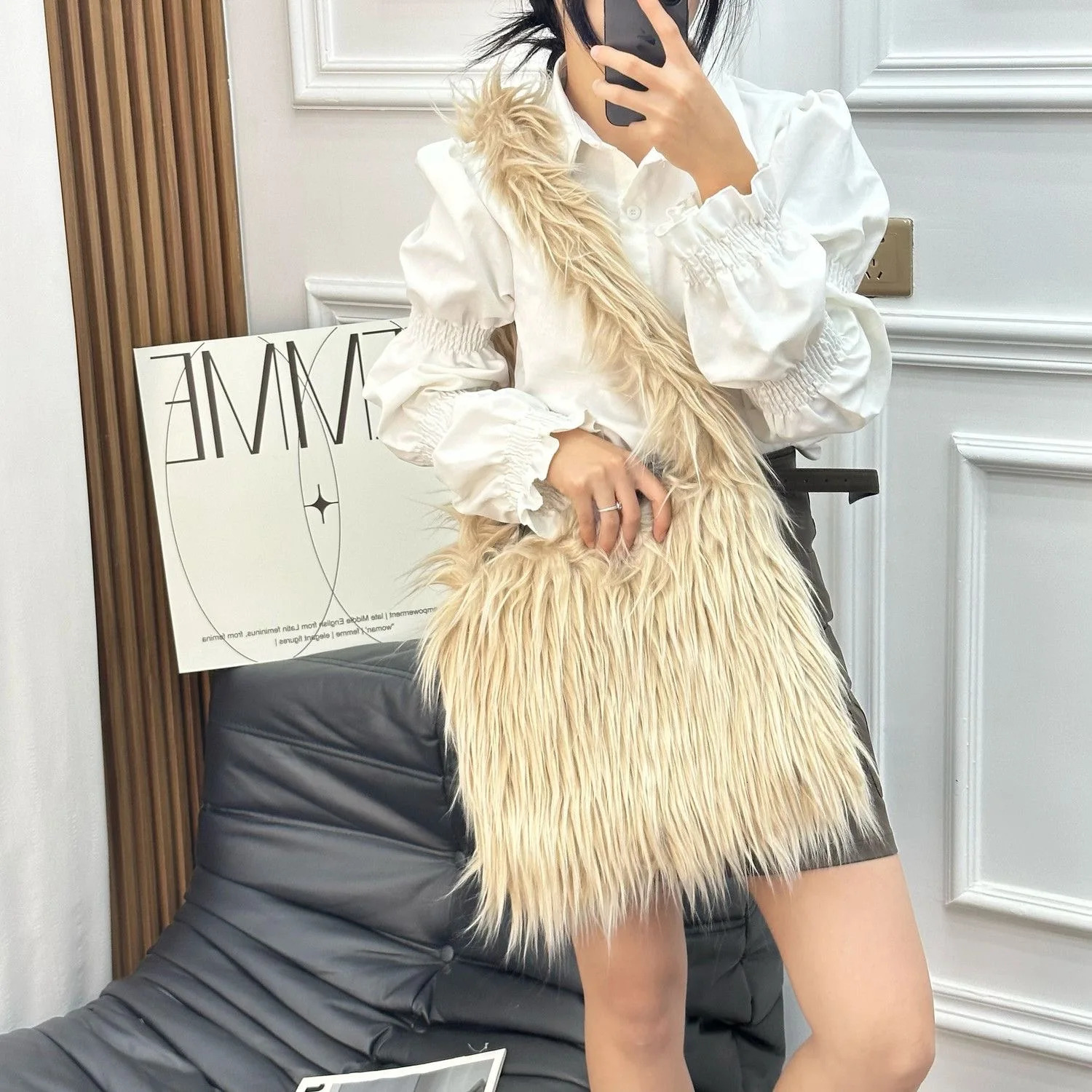 Faux Fur Bags for Women Vintage Y2k Tote Shoulder Bags Glossy Leather Shopper Handbags Woman Rhombic Bag 240926