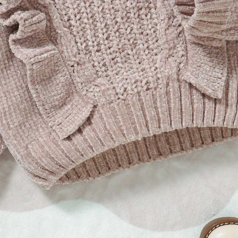 Suefenskry baby girl sweater long sleeved crew collar with ruffled edges solid color winter warm knit floral top baby knit dress W241025