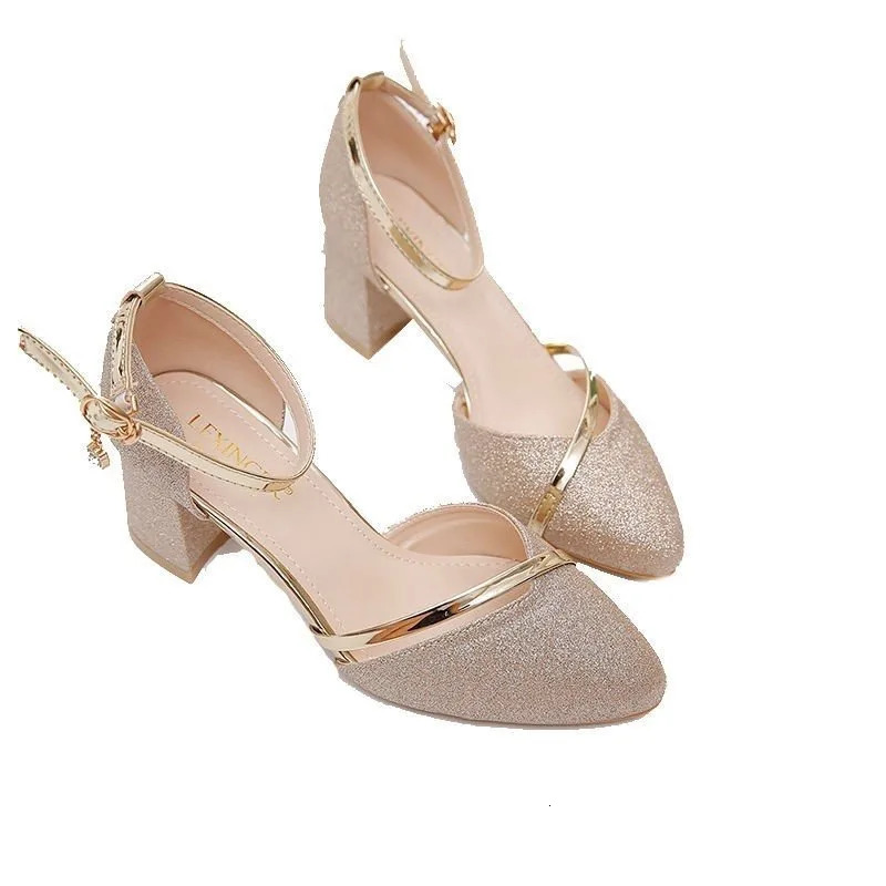 2024 Spring/Summer Sparkling Wedding Shoes Womens Full Set Short and Fat Single Shoes with One Thread Button Bridesmaid High Heels 241024