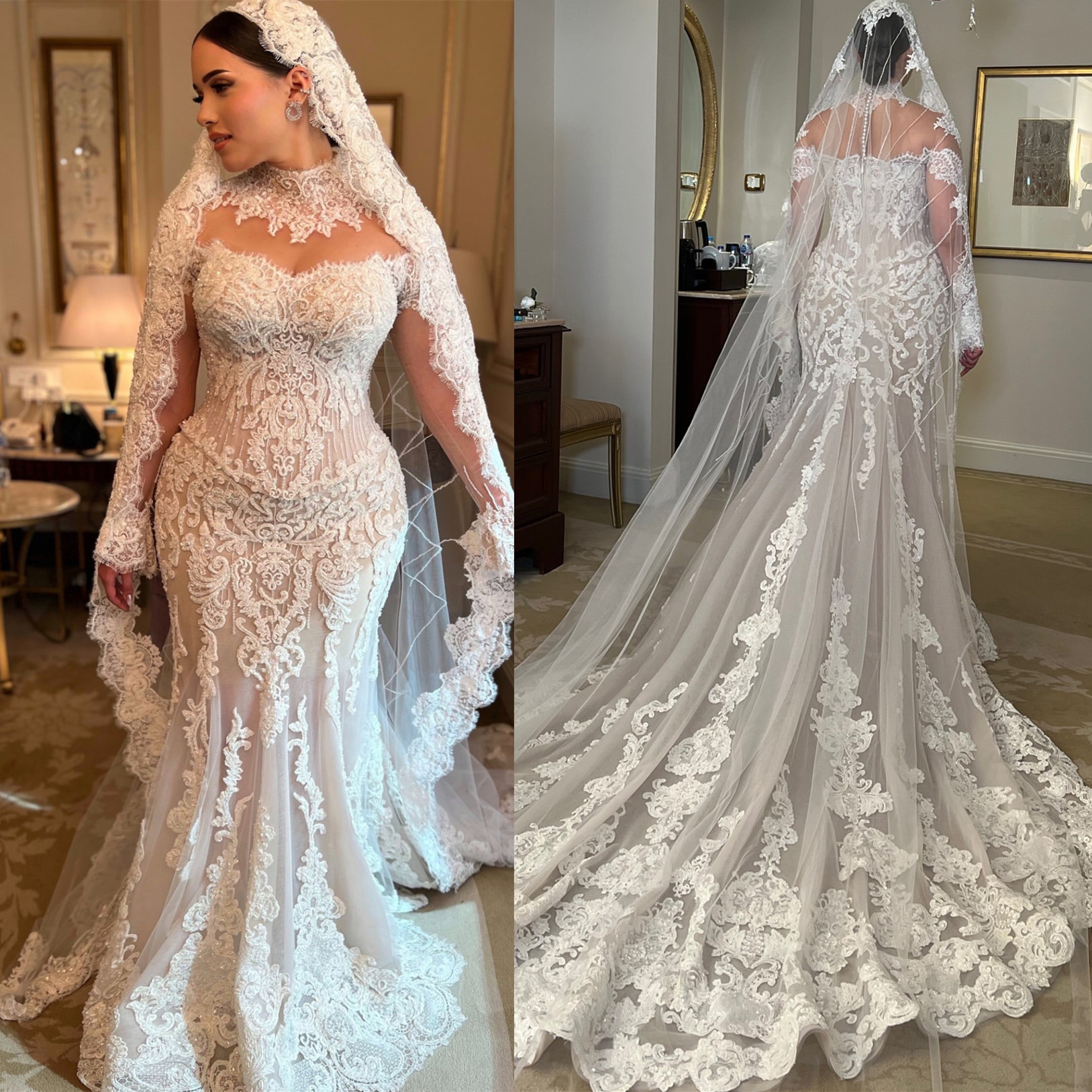 2024 Arabic Aso Ebi Plus Size Ivory Mermaid Wedding Dresses Beaded Lace Full Sleeves Vintage Illusion Bridal Gowns Dress ZJ044