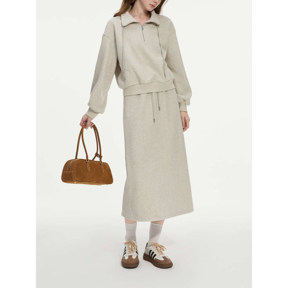 FSLE Sweatshirt Set Winter Thick Grey Commuter Sweatshirts Elastic Waist Long Spilt A-E Women Skirt 24Fs14491+24Fs14492