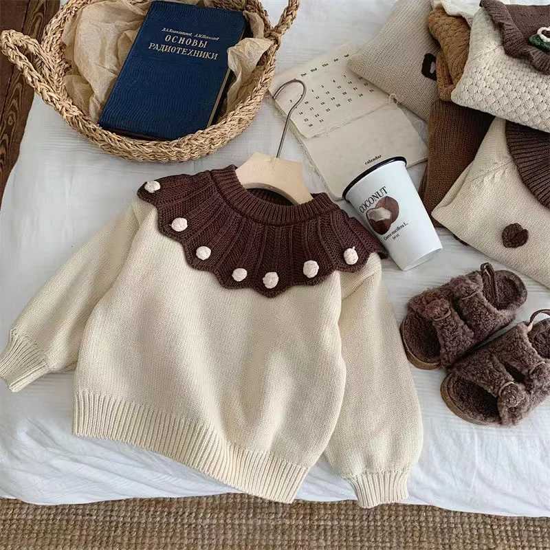 Autumn winter young girl sweater thick cotton wool long sleeved girl latte art casual ball collar knitted for preschool girls W241025