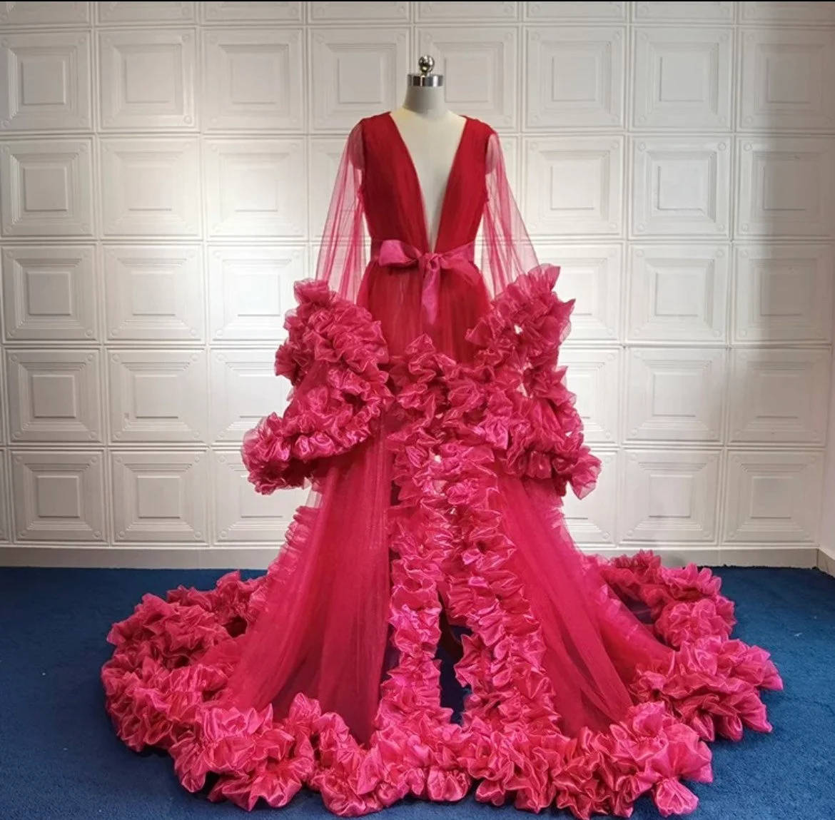 Modern Women Bathrobe Ruffles V Neck Long Sleeve Maternity Dresses Pregnant Split Nightgown Pijama Evening Dress Custom Made