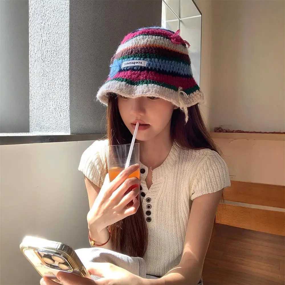 Fisherman Hat New Dopamine Sweet Cute Bow knit Hat Fresh Woven Handmade Straw Hat LadyX241025