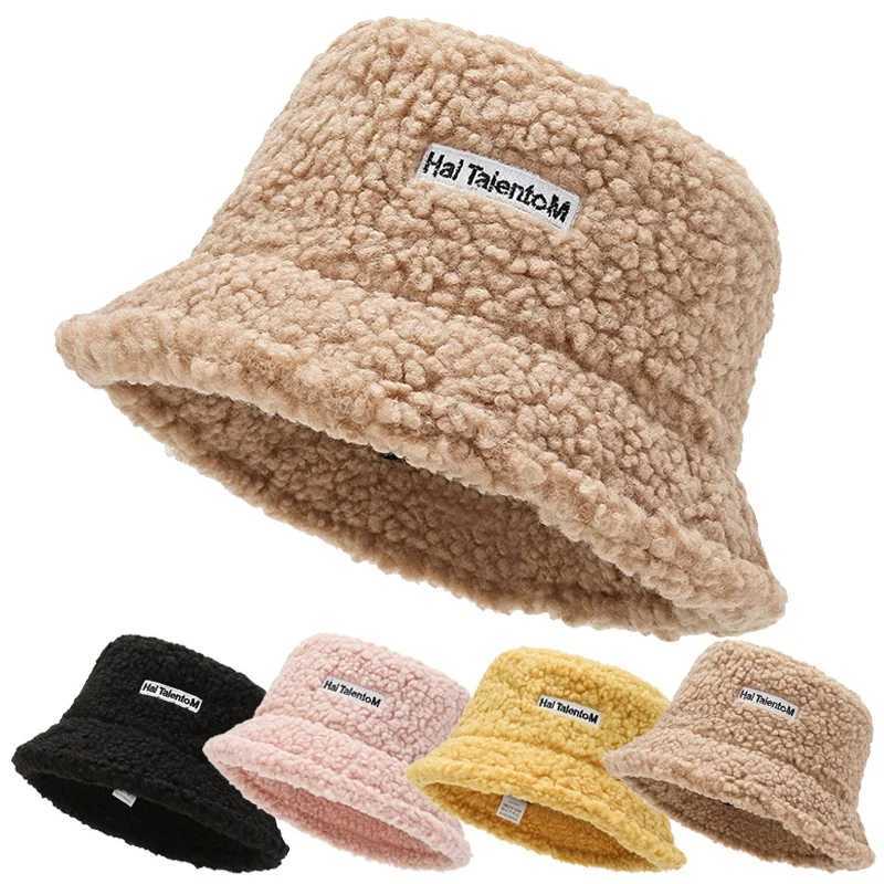 Winter Lamb Wool Bucket Hat Autumn Warm Hats for Women Lady Thicken Flat Top Cap Unisex Men Panama Outdoor Fisherman Hat CapsX241025