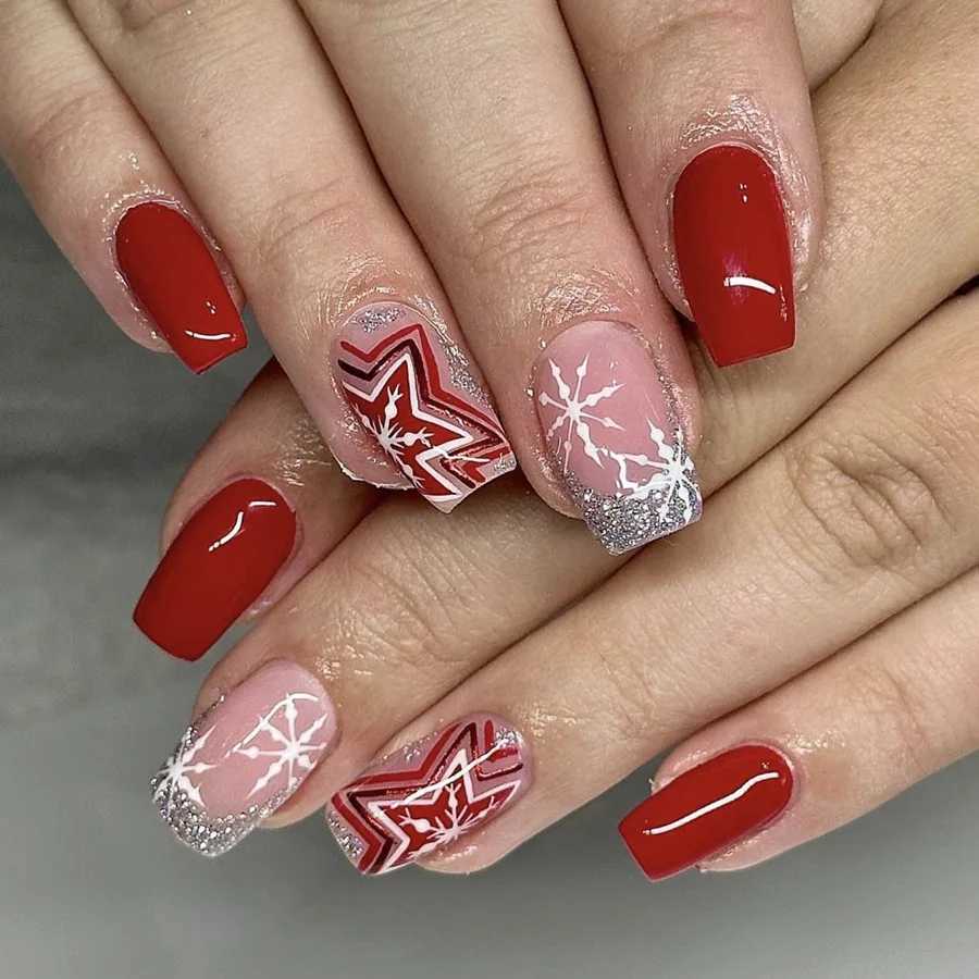24Pcs Christmas Red French Press on Nails New Year Gift Fake Nail Snowflake Christmas Tree False Nail Wearable Short Square NailXJ241025