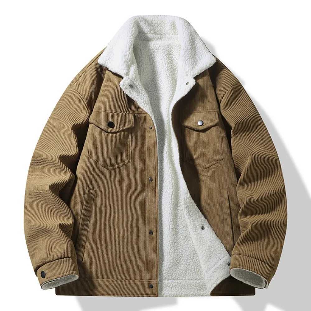 Winter wool lined Corduroy jacket mens high-quality thick Lambswool warm Parka solid color hiking jacket mens clothing W241024