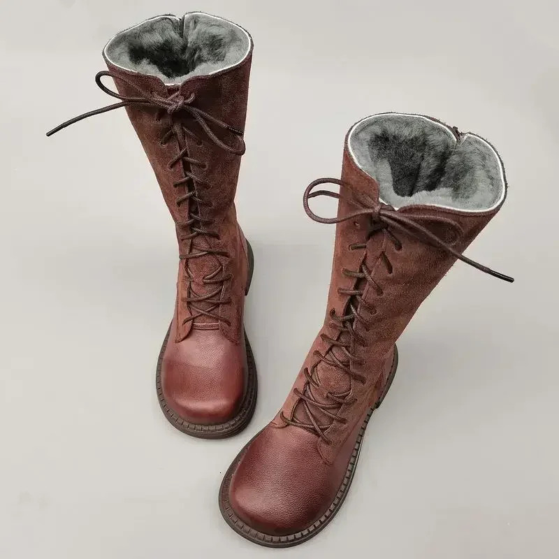 Knight Genuine Leather Real Wool Women's Knee-High Sheepskin Fur Anti Slip Thick Cotton Warm Lace Up Long Boots 3337 241110