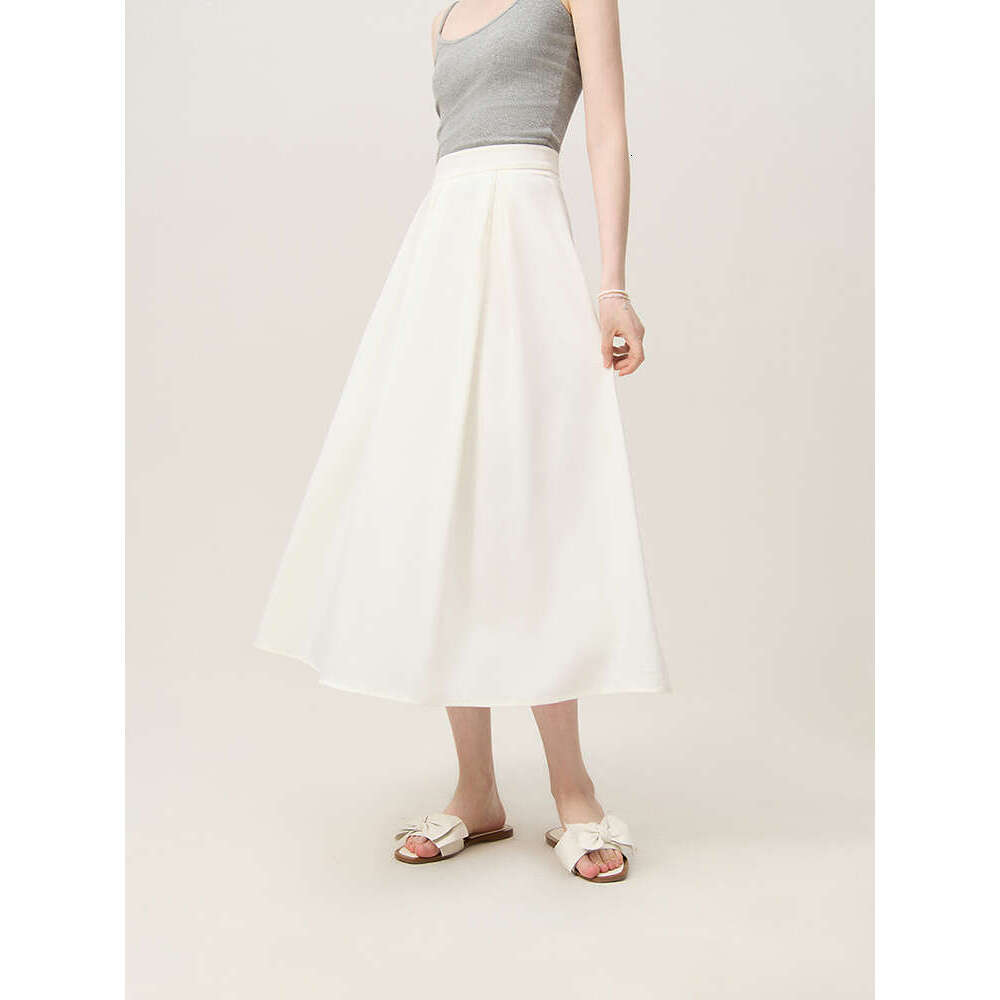 FSLE French White A-E For Women's Summer 2024 New Temperament Umbrella High Waisted Satin Long Skirt 24Fs12238